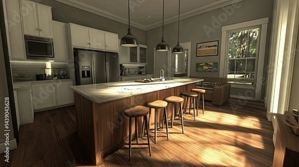 Obraz Interior kitchen design featuring a large island.