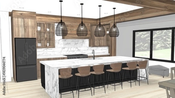 Obraz Modern kitchen design featuring a large island and wooden cabinetry.