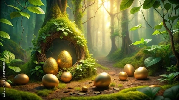 Fototapeta A giant's lair with a magic beanstalk and golden eggs scattered on the floor amidst lush greenery