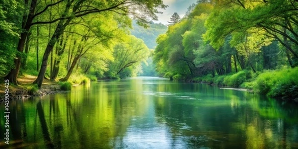 Fototapeta A serene river flowing gently through a peaceful forest with smooth waters and lush greenery surrounding it, scenery, peaceful surroundings