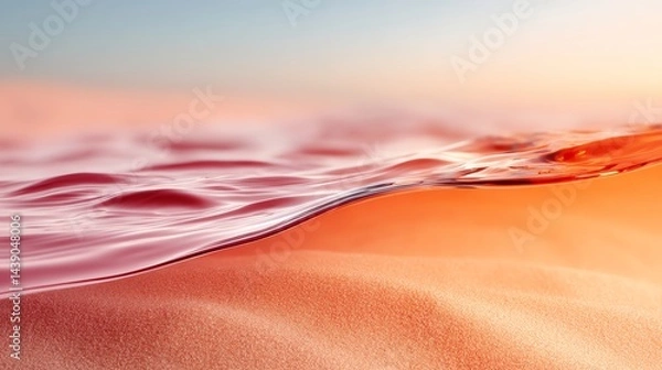 Fototapeta Gentle Wave Flowing Over Warm Sandy Beach in Soft Sunset Light