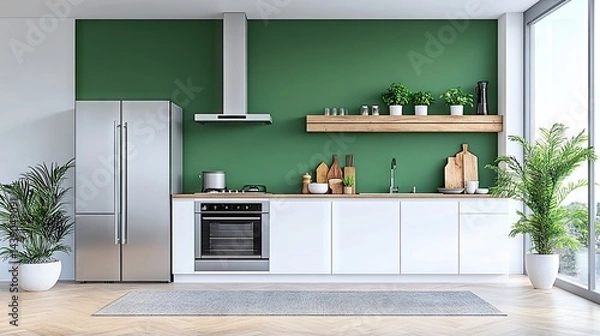 Obraz Modern, minimalist kitchen design with calming green accent wall.