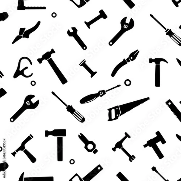 Fototapeta Tools of the Trade: A seamless pattern of essential tools, creating a dynamic representation of craftsmanship, repair, and the construction industry. Perfect for backgrounds and textures.