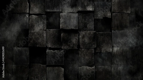 Obraz Dark, textured, abstract background featuring grid of uneven, weathered blocks. atmosphere is moody and mysterious, evoking sense of chaos and depth