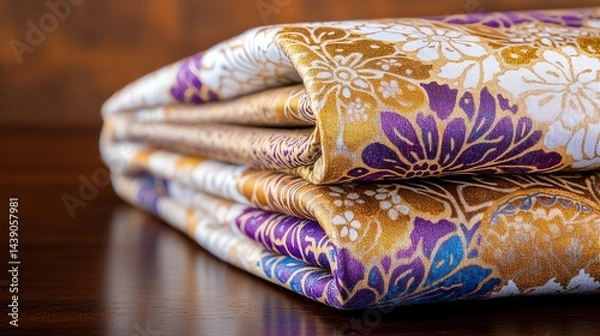 Fototapeta Folded Luxurious Fabric with Floral Pattern and Golden Highlights Display