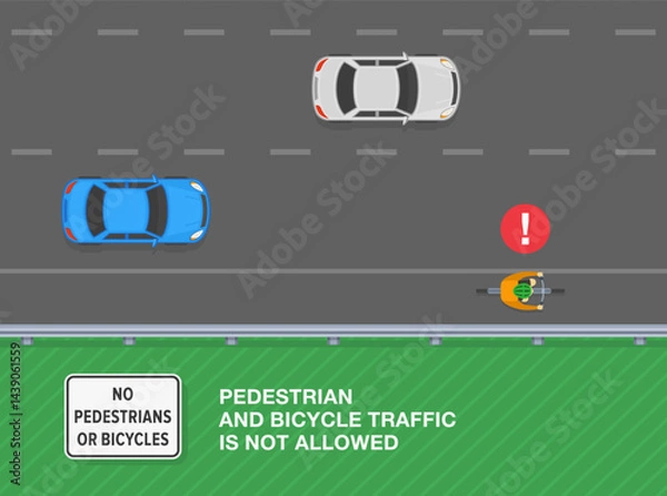 Fototapeta Safe driving tips and traffic regulation rules. No pedestrians or bicycles sign. Top view of a traffic flow and cyclist riding a bicycle on highway shoulder. Flat vector illustration template.