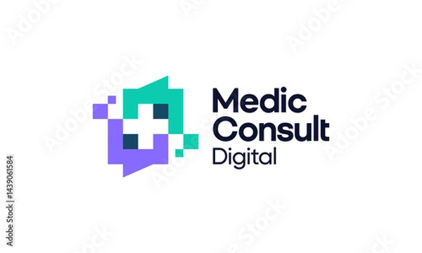 Fototapeta Medical consultation logo design. Cross Sign Medical vector design with chat bubble with digital pixel shape graphic icon symbol