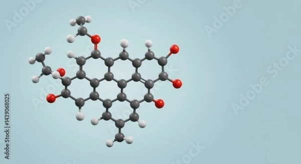 Fototapeta Molecular structure visualization with gray and red atoms on light blue background