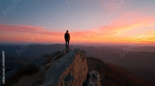 Fototapeta Person Standing on Rock Mountain Peak Enjoying Epic Sunset Views