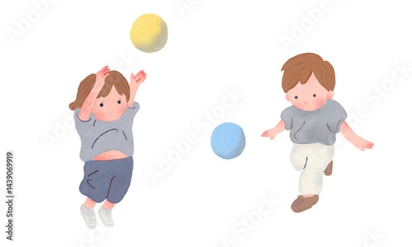 Obraz ボール遊びをする男の子と女の子のイラストセット