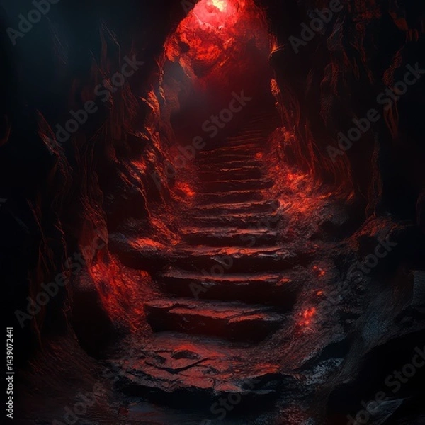 Fototapeta Mysterious red lit stone staircase descent