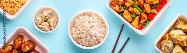 Obraz Delicious array of Asian cuisine: Rice, chicken, and dumplings in various containers, inviting a culinary experience. The composition evokes appetite and promises of a tasteful adventure.