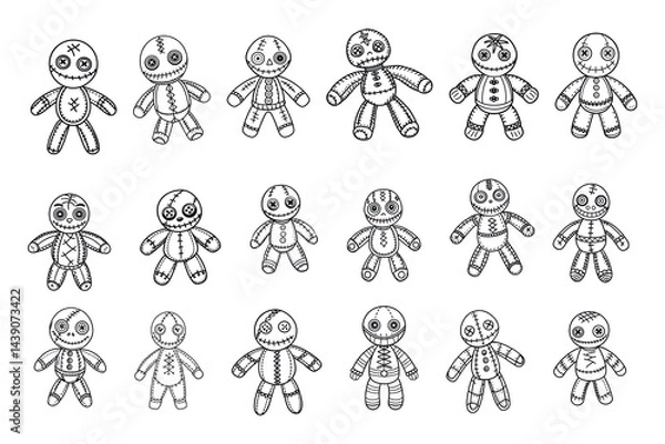 Fototapeta Collection of Voodoo Dolls with Stitched Features in Line Art Style