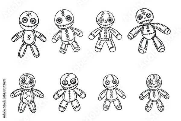 Fototapeta Collection of eight unique voodoo dolls with different facial expressions and stitching