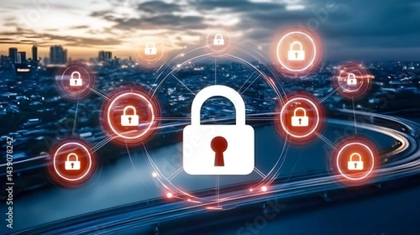 Fototapeta Virtual lock connection concept city skyline digital artwork night aerial view security innovations