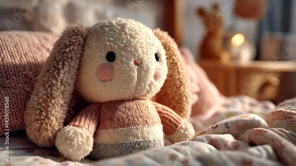 Fototapeta Soft plush bunny toy on bed