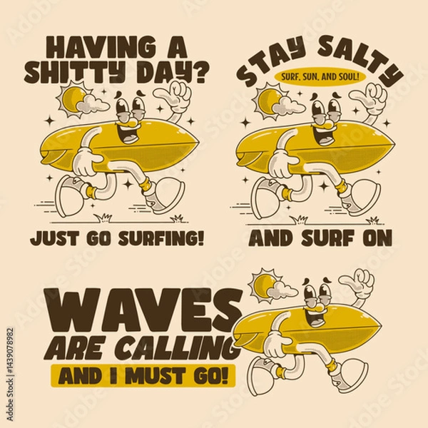 Fototapeta Surfboard mascot character in running pose illustration with quotes