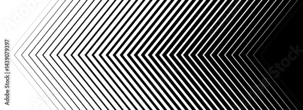 Obraz Black line arrow background. Repeating triangle gradation pattern backdrop. Fading halftone stripe gradient texture. Thin to thick speed line concept for overlay, poster, print, cover, banner. Vector