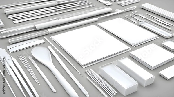 Fototapeta Dynamic portfolio mockup displaying rendered prototypes of kitchen utensils minimalist design studio setup