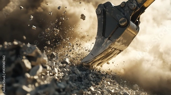 Fototapeta Shovel digging dark soil dust cloud