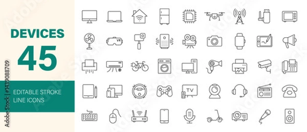 Fototapeta Devices icon set. Containing electronics, home appliance, smart devices, technology, computer, smartphone, tablet, laptop, drone, TV, camera and more. Editable line icons. Vector illustration.