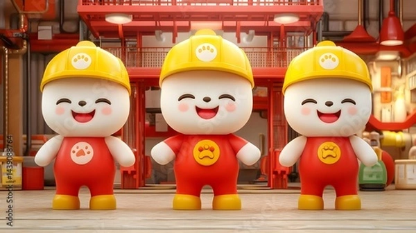 Fototapeta Playful cartoon characters in construction theme studio setting digital art colorful environment creative viewpoint