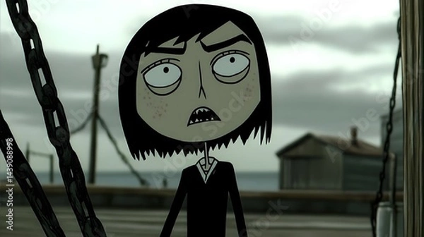 Fototapeta Eerie animated character encounter coastal town digital art dark atmosphere close-up expressive emotion