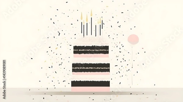 Fototapeta Celebration cake with candles festive party digital illustration minimalist style top view joyful concept