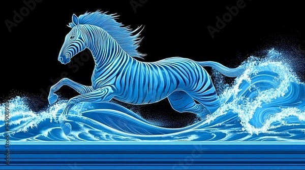Fototapeta Dynamic blue zebra leaping through ocean waves artistic chaos abstract environment