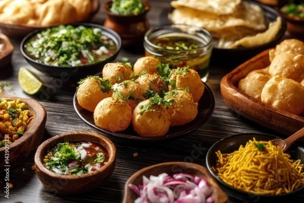 Obraz Bombay chat food assortment features items like golgappa bhel puri and ragda pattice among others Selective attention