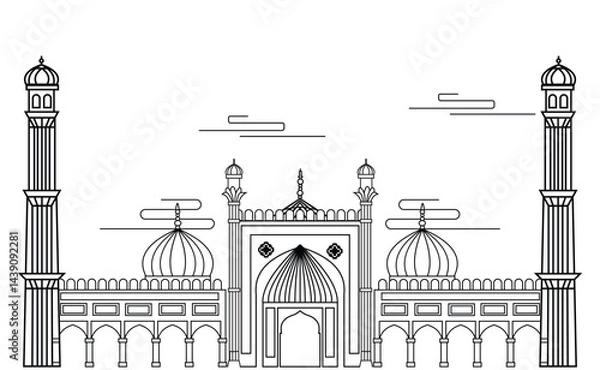 Fototapeta Vector illustration of large and wide mosque design, line drawing style, black and white color.