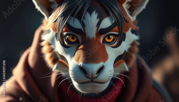 Fototapeta Furry Character Portrait with Hooded Jacket and Intense Golden Eyes