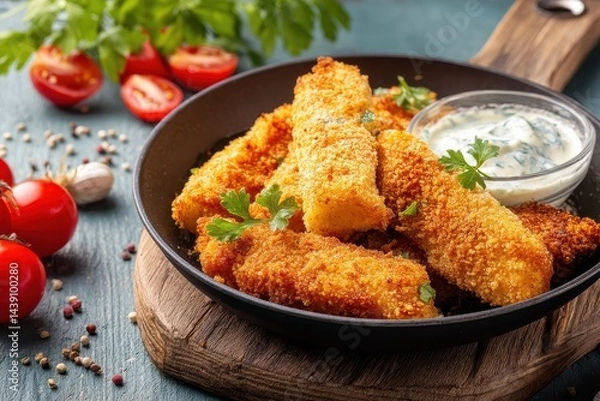 Fototapeta Close up of crispy breaded fish sticks with tartar sauce in a pan Recipe backdrop