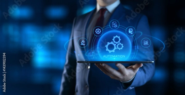 Fototapeta Businessman Holding smartphone with Automation Process Icons on Screen. Business and Industry concept