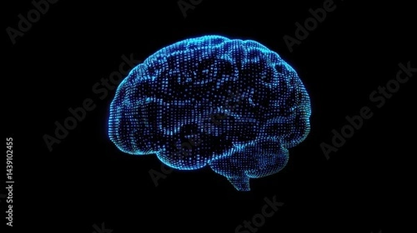 Fototapeta Digital brain outline made of glowing binary digits in neon blue tones