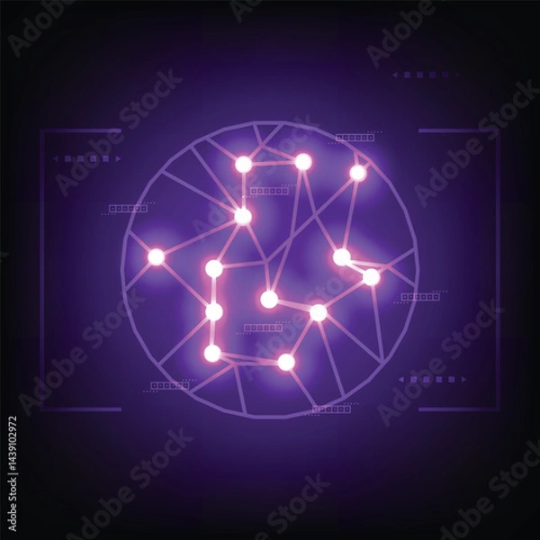 Obraz Abstract Purple Network Glowing Nodes and Wireframe within Circular HUD