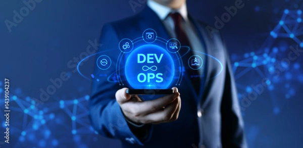 Fototapeta Businessman holding smartphone with Dev Ops Development Operations icons on screen