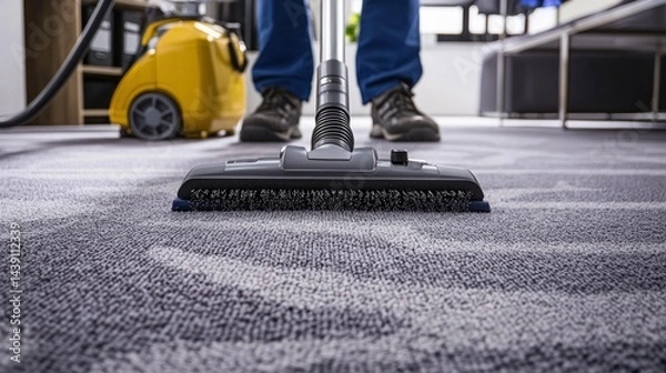 Fototapeta Person using a vacuum to clean carpet in a home office.