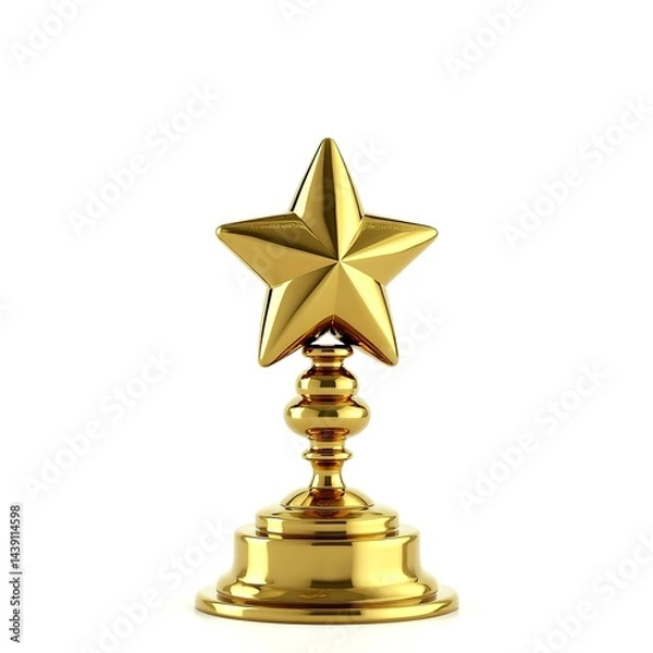 Fototapeta Radiant golden star award mounted on a smooth black base, isolated on a white background - symbolizing excellence, achievement, and recognition in a sleek, elegant design.