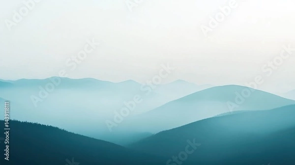Fototapeta Serene Misty Mountain Landscape with Gradient Colors, Peaceful Minimalist Scene, Tranquil Nature Scenery, Blue-Green Tones, Soft A