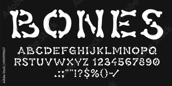 Obraz Bones font, Day of the Dead typeface, Halloween skeleton letters type, spooky scary alphabet. Cartoon skeleton bones font abc characters vector typography. Halloween or Dia de los Muertos holiday type