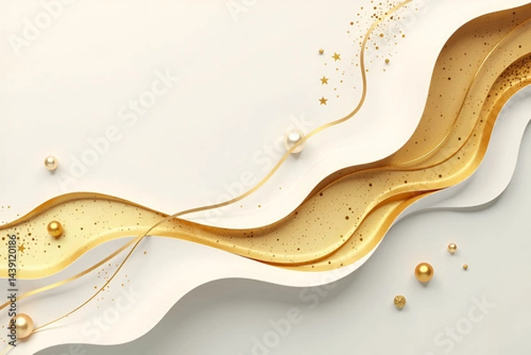 Obraz  Elegant Abstract Background with White and Gold Wavy Layers, Luxury Design, Modern Minimalist Art with Pearls and Glitter