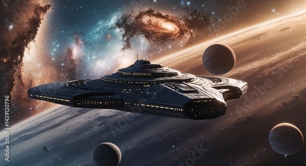 Obraz Starship in hyperspace traveling between galaxies background