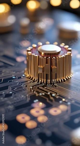 Fototapeta Gold Computer Chip Close-up on Circuit Board with Bokeh Background