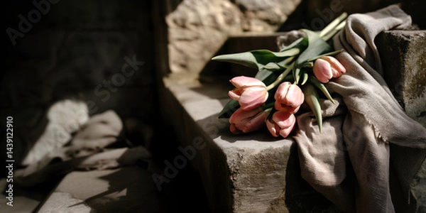 Obraz Creative Floral composition. Bundle of pastel pink tulip on soft beige linen cloth lying on rustic stone steps in muted natural spring light. Template for product presentation display. copy text space