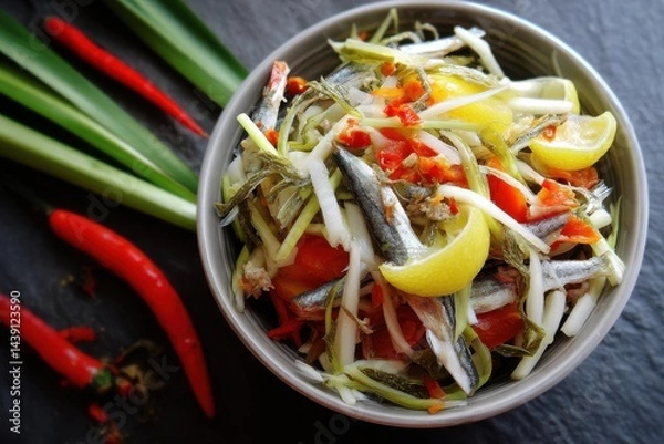 Fototapeta Zesty sardine salad with lemongrass fish sauce lime and paprika
