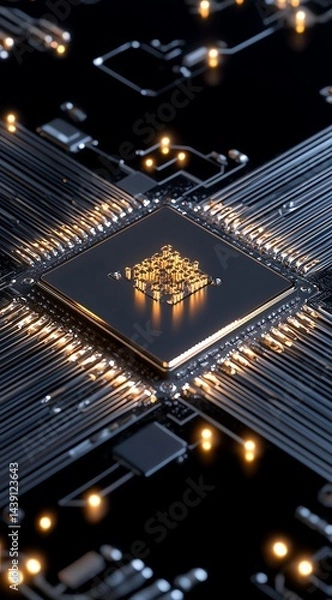 Fototapeta Illuminated Computer Chip Close-up with Intricate Circuitry and Dark Background