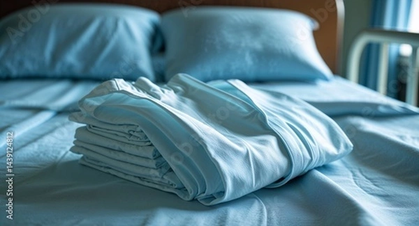 Obraz Patient gown neatly folded on a hospital bed background