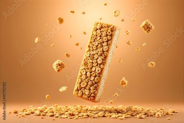 Fototapeta Cereal Bar Floating in Air: Close-Up of Granola Bar with Cereal Pieces, Food Photography, Healthy Snack, Breakfast Bar, Studio Shot, Brown Tones