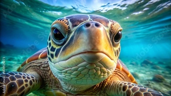 Fototapeta Close-up underwater portrait of a sea turtle, showcasing its intricate shell patterns and expressive eyes, a captivating glimpse into marine wildlife